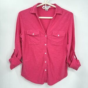 Tommy Bahama S Button Down Shirt Womens Pink Slub Knit Roll Tab Sleeve Pocket